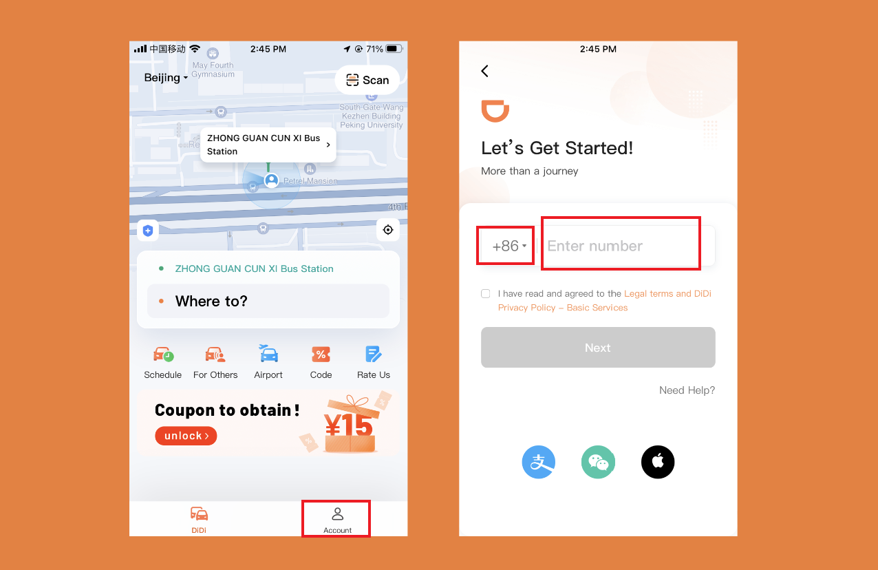 Registro en la app de Didi