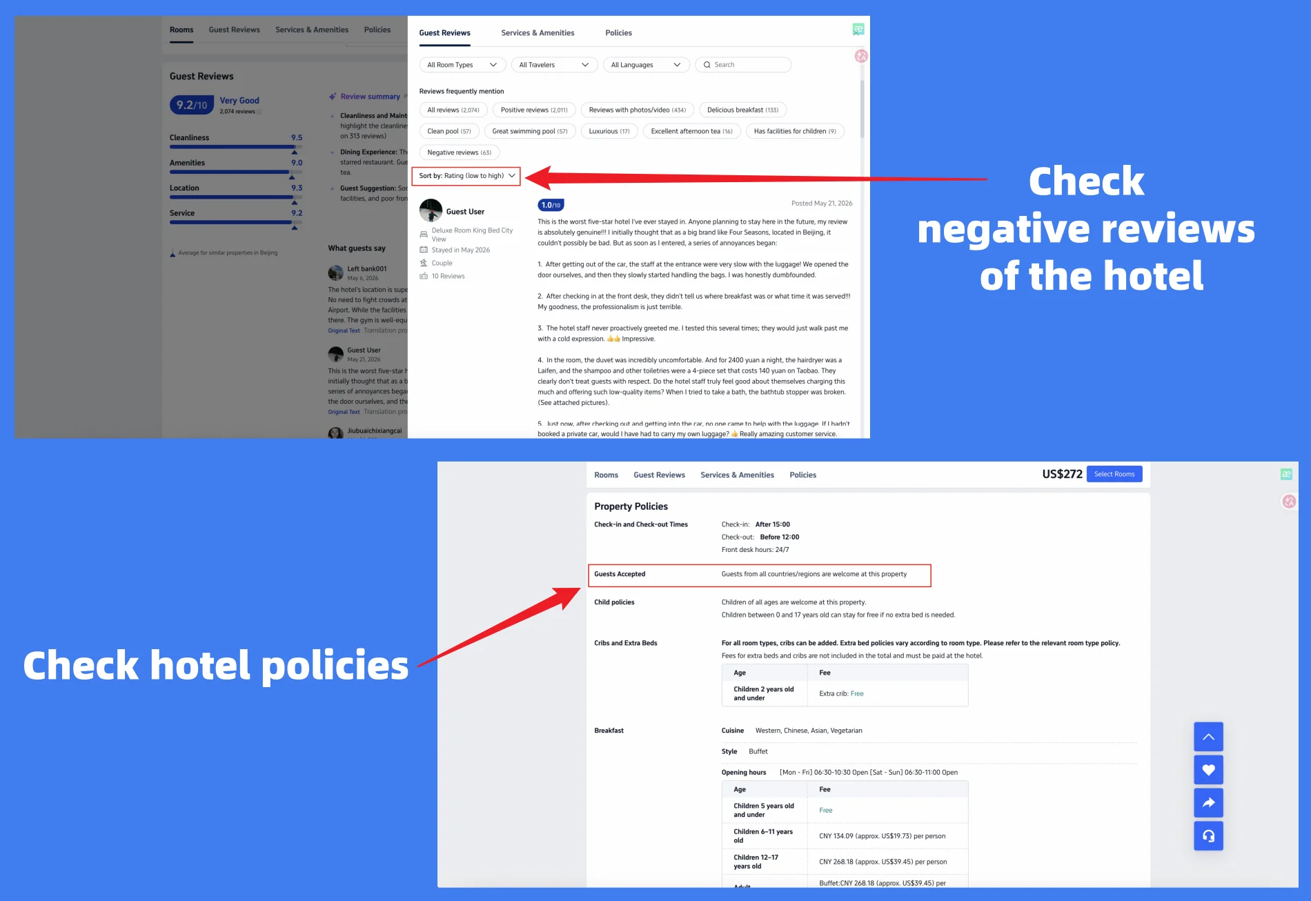 Trip.com User Reviews and Accommodation Policies
